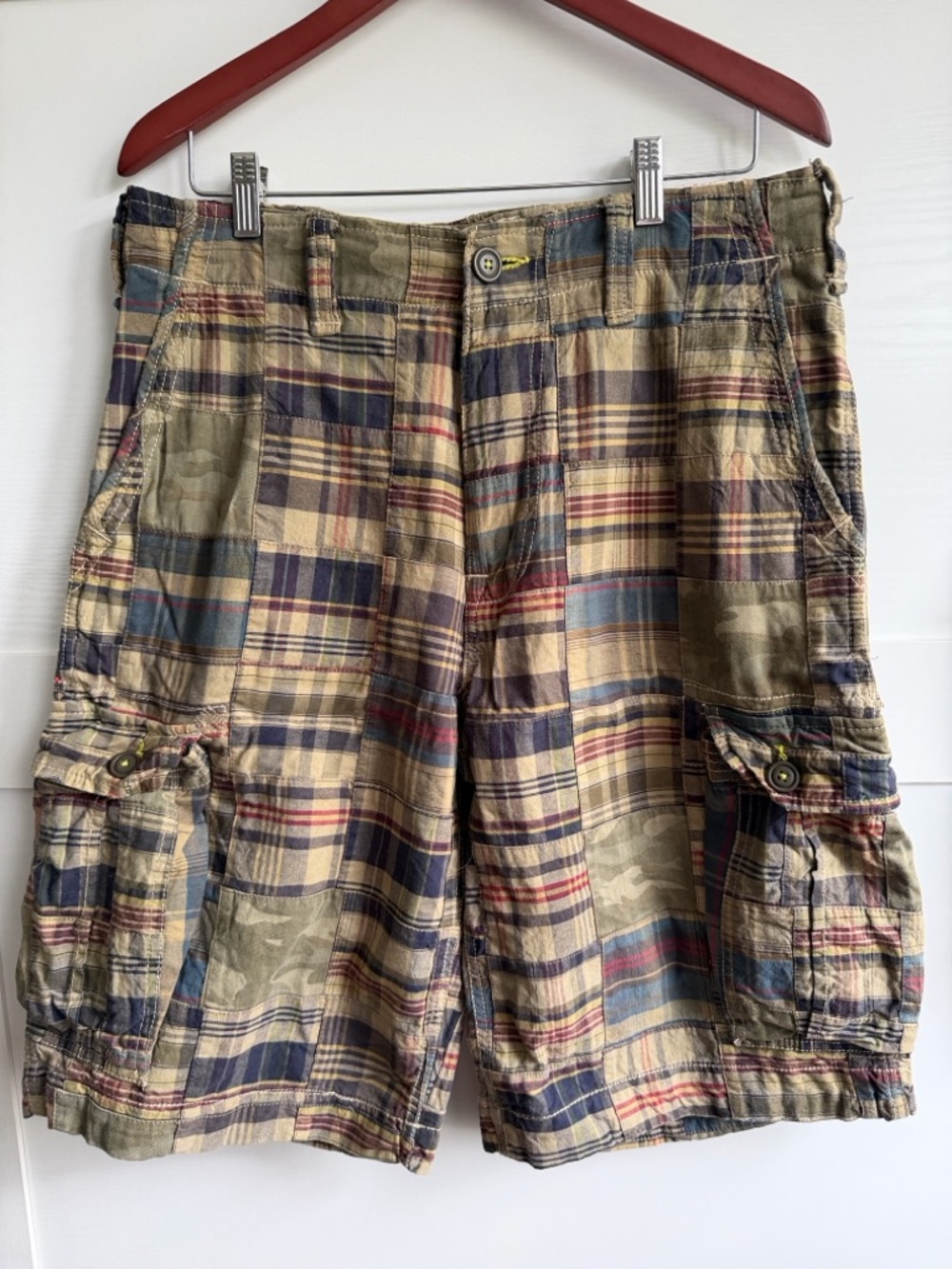 American Eagle Outfitters Plaid Patchwork Cargo Shorts in Beige, Navy, Olive